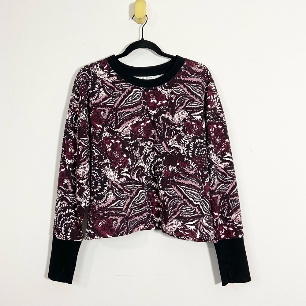 Joie Maroon Black Floral Crewneck Boxy Cut Drop Shoulder Sweatshirt